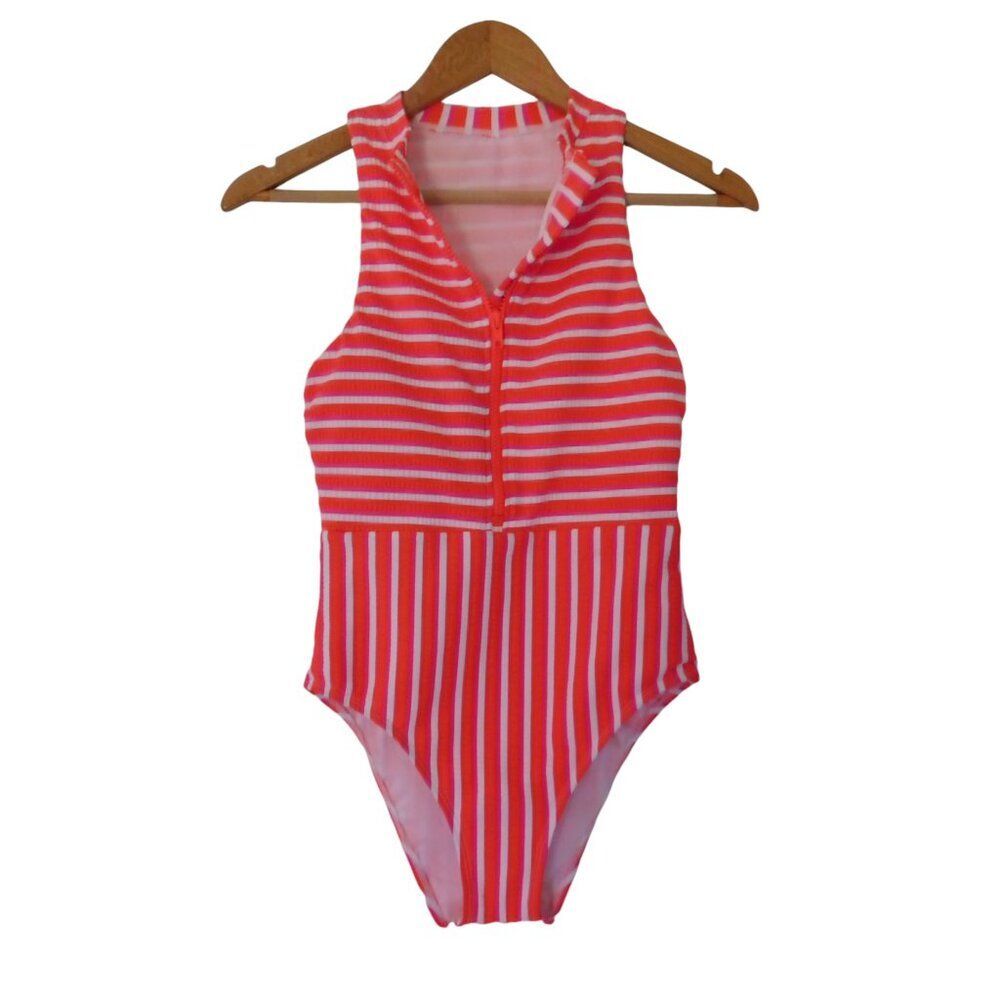NEW Splendid One Piece Swimsuit Pink Orange Striped‎ Zipper Front Size XS